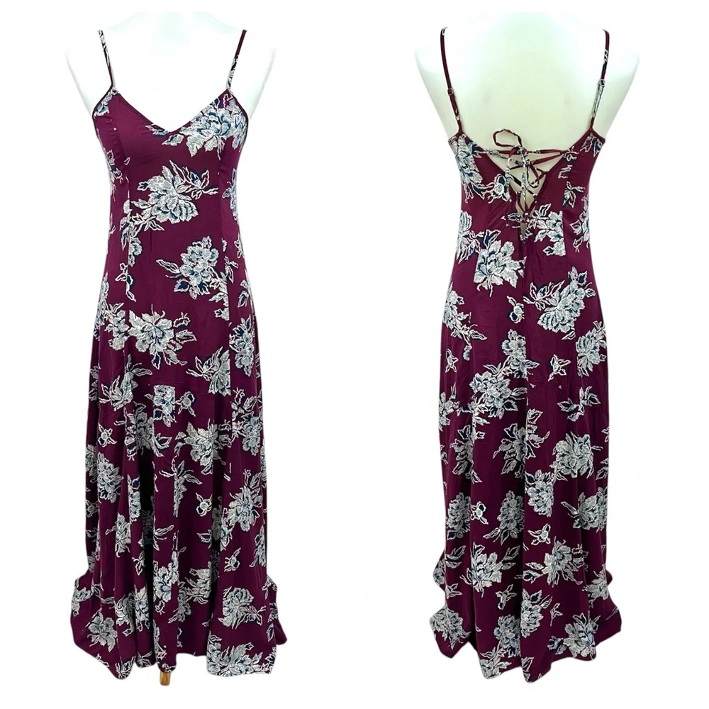 Abercrombie Maroon Floral Sleeveless V-neck Corset Back Boho Flowy Maxi Dress
